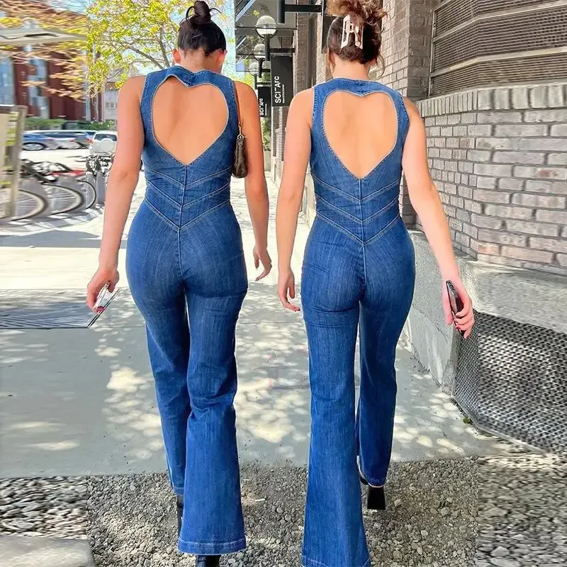 Blue Sexy Backless Heart Cutout BodyCon Jumps pour femmes Sans Somme sans manches Slim One-Opice High Toist Tenues Denim Jumps Curchs 240409