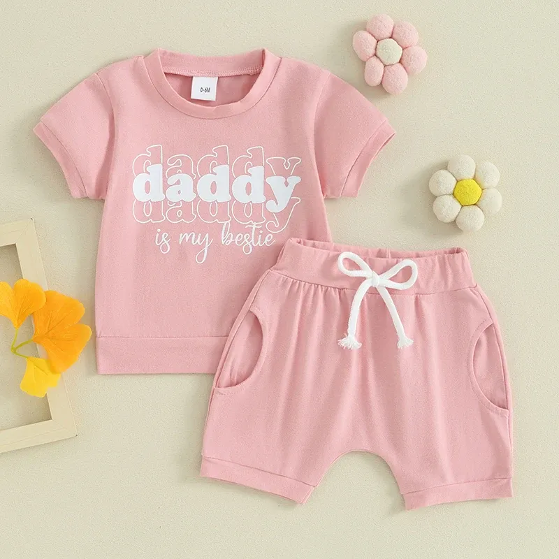 Carolilly 2st Baby Girl Summer Outfits Kläder Set Daddy S Girl Letter Print Kort ärm toppar T-shirt Elastisk midja