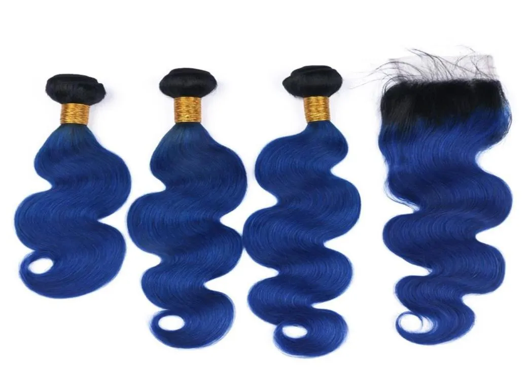 Tecidas de cabelo humano brasileiro de azul preto e azul escuro com fechamento de renda 4x4 Wave Body 1b Blue ombre 3 pacotes com fechamento superior258002287