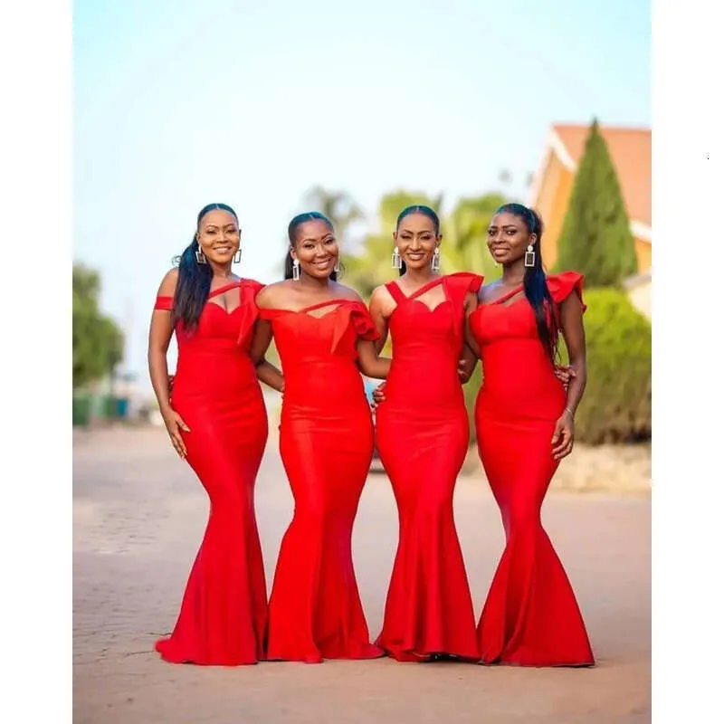 Red African Mermaid Bright Red Bridesmaid Dresses 2021 Off Shoulder Satin Garden Wedding Guest Gown For Maid Of Honor Plus Size From Babynice333 51.01 DHgate.Com
