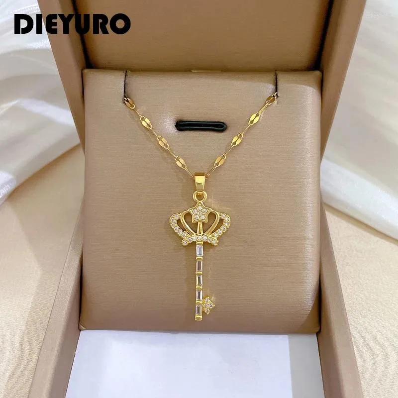 Pendant Necklaces DIEYURO 316L Stainless Steel Crown Key Necklace For Women Girl Fashion Clavicle Chain Jewelry Gift Party Bijoux