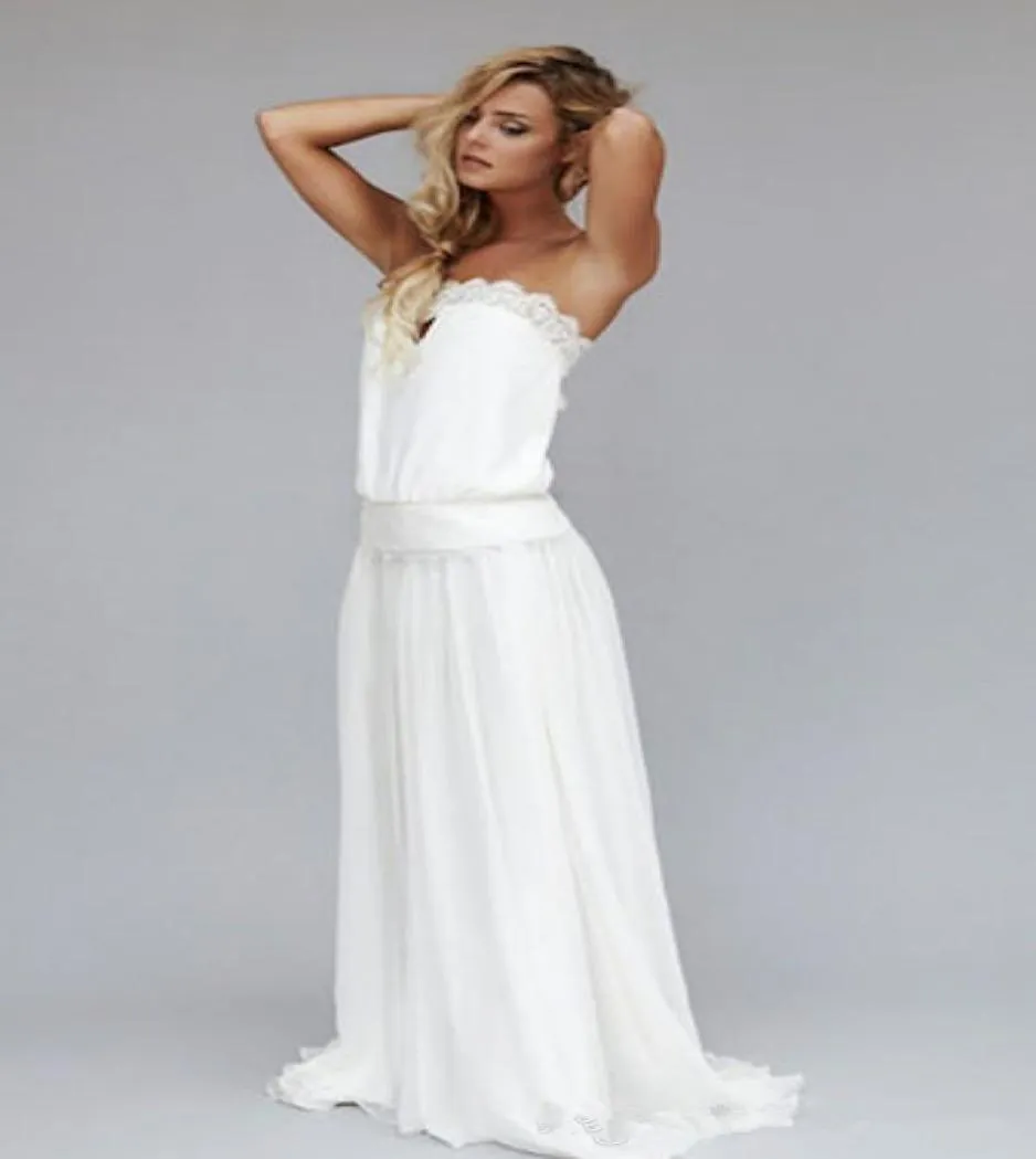 2019 New Elegant Casual Beach Wedding Dresses Sheath Strapless Bow Back Backless Lace Chiffon Floor Length Long Bridal Gowns Custo2913128