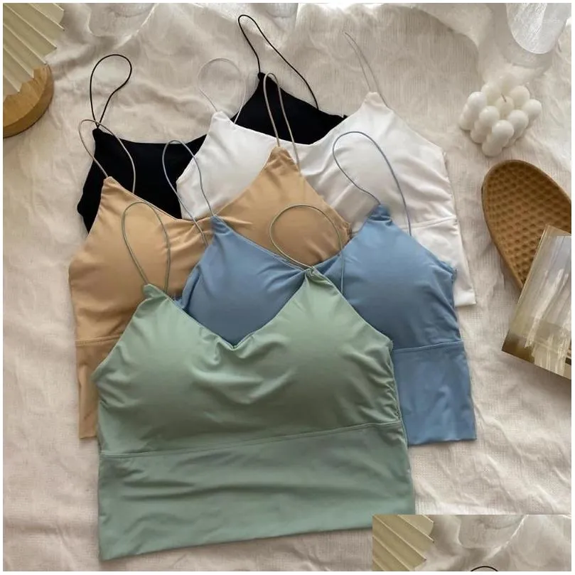 Camisoles & Tanks Summer Women Crop Top Y Solid Color Camisole Ice Silk Tube Seamless Sport Wireless Underwear Padded Bra Bralette Dr Dhadm