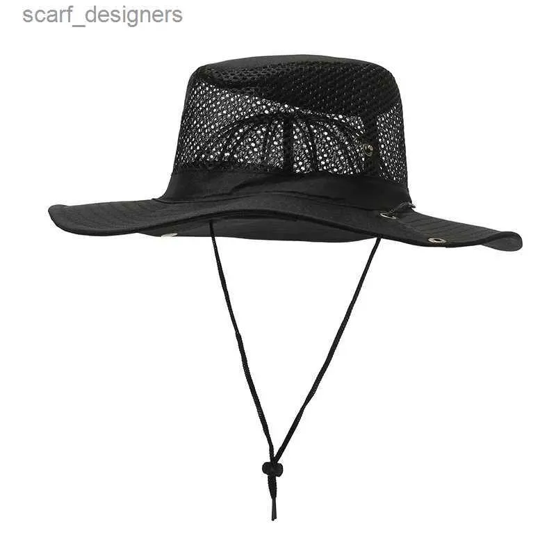 Chapeaux à bord large chapeau seau de seaux hommes femmes d'été largeur bord extérieur sport uv cowboy cowboy pêcheur pliable grosse maille respirante pêcheur de pêche au soleil a5 y240409