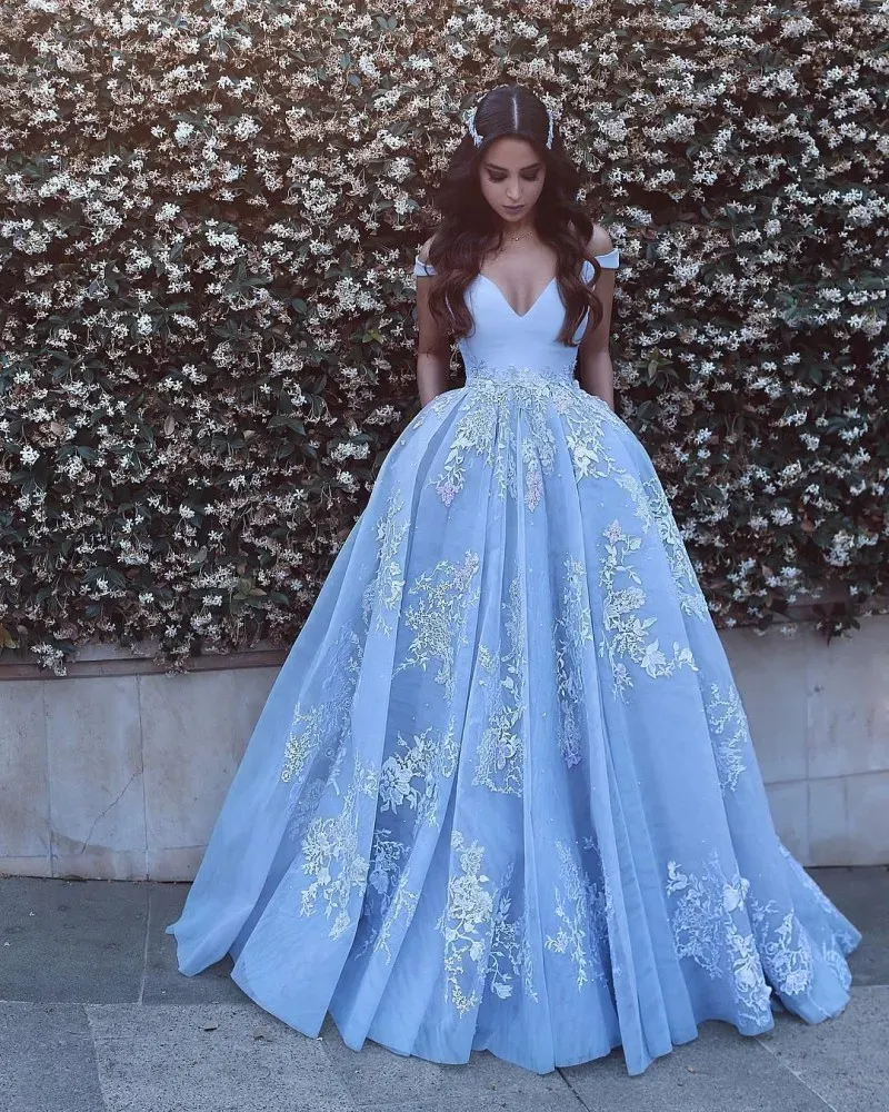 Beaded Lace Applique Dresses Evening Wear Off Shoulder Ball Gown Prom Dress Long 2019 Guest Gowns With Pockets