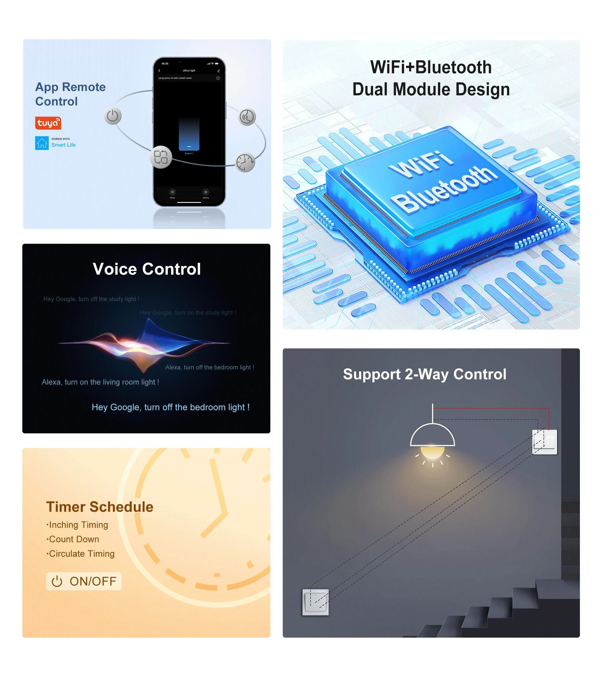 4 stuks 2-weg intelligente schakelaarmodules, mini-wifi-schakelaar, doe-het- zelf, Smart Home module, compatibel met Tuya, Alexa en Google Home, neutrale geleider vereist