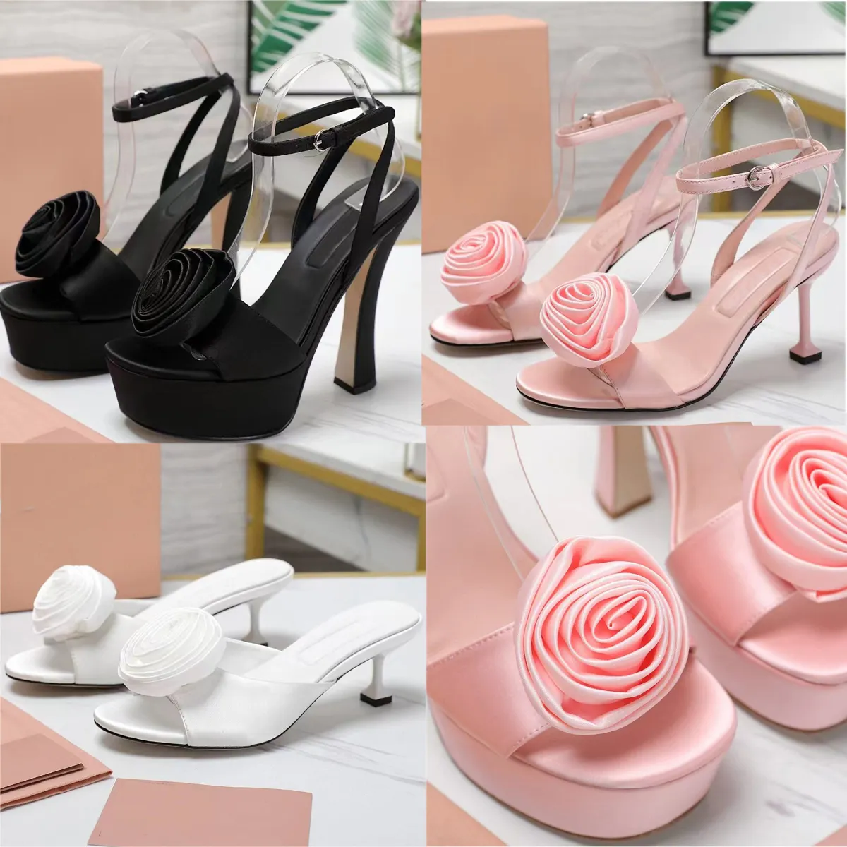 Elegant high heel sandals satin luxury designer shoes pink flower decorations women wedding shoe fashion platforms heels party sandal