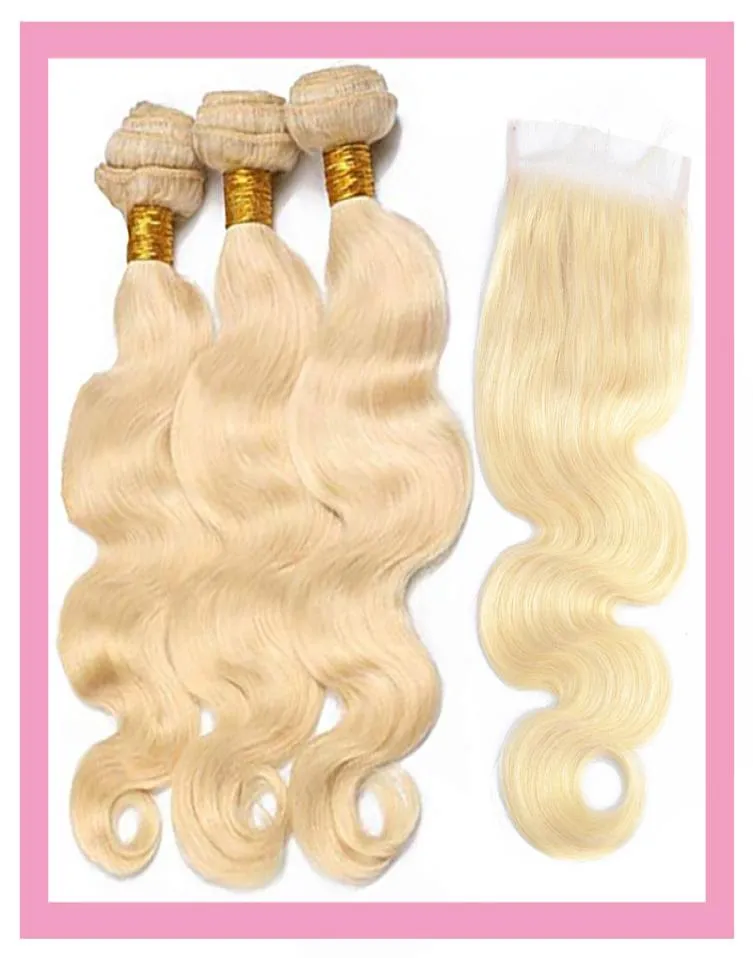 Indian Virgin Hair Blonde Human Hair with 4x4 spetsstängning Body Wave 3 Bunds med fyra av fyra spetsstängning 613 Färgkroppsvåg7713085