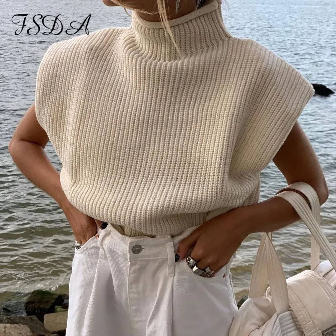 Sweatshirts Fsda Rollkragenpullover ärmellose Weste Pullover Frauen 2020 mit Schulterpolster gestrickt Pullover Herbst Winter Jumper Casual Tops Mode Mode