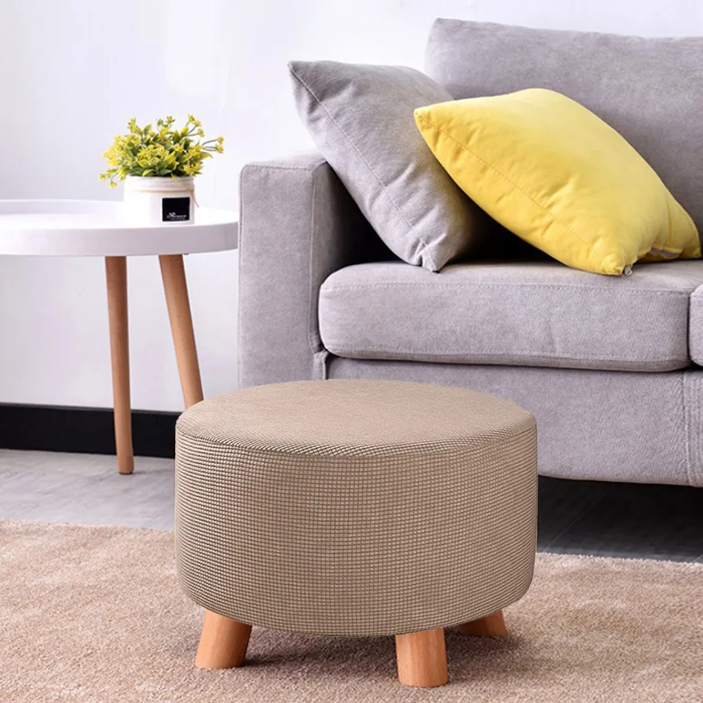 Round Ottoman Slipcover Footstool Footrest Cover Living Room Stool Kahki