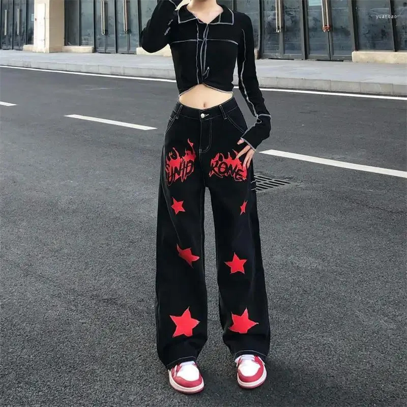 Jeans femininos Hip Hop Mulheres vintage preto calças de estilo de rua vermelha da moda de moda pintada na cintura larga perna larga casual calças soltas