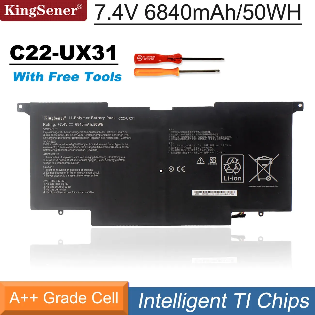 Batterien Kingsener Neue C22UX31 -Laptop -Batterie für ASUS Zenbook UX31 UX31A UX31E UX31EDH72 C22UX31 C23UX31 7.4V 50WH/6840MAH