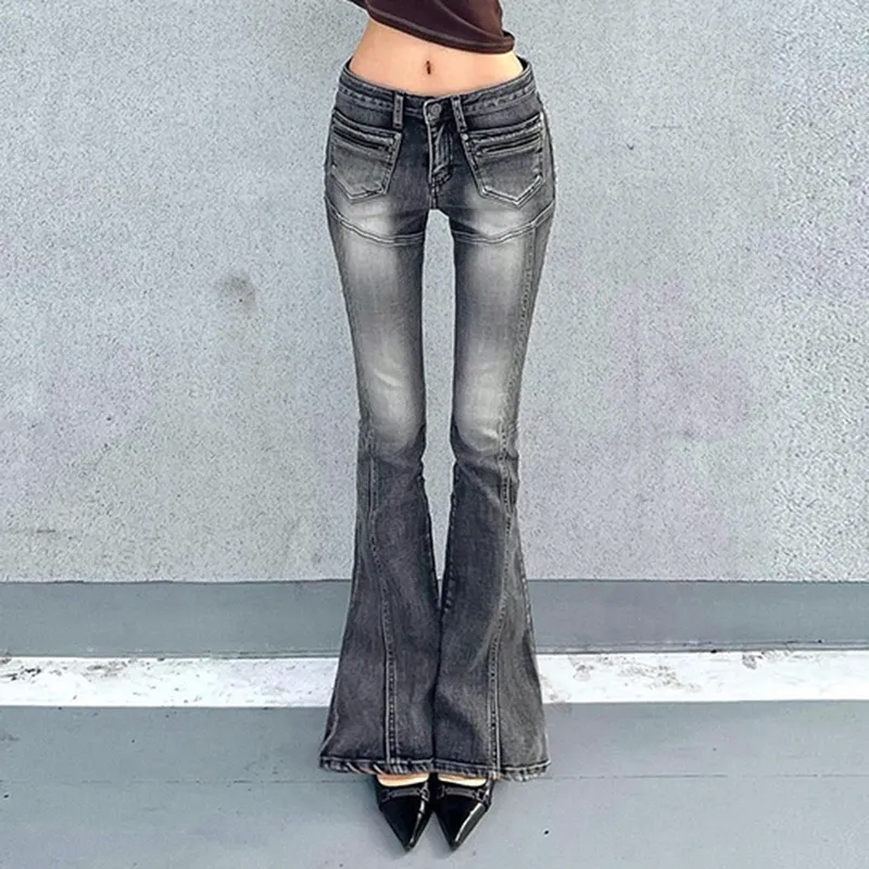 Darlingaga vintage y2k esthétique basse hauteur flare jeans femelle en détresse chic harajuku skinny pantalon pantalon botte cut poches capris