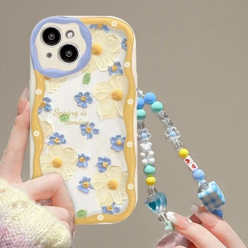 Lanyard For Phone: Cute 3D Flower Wrist Chain Phone Case For
