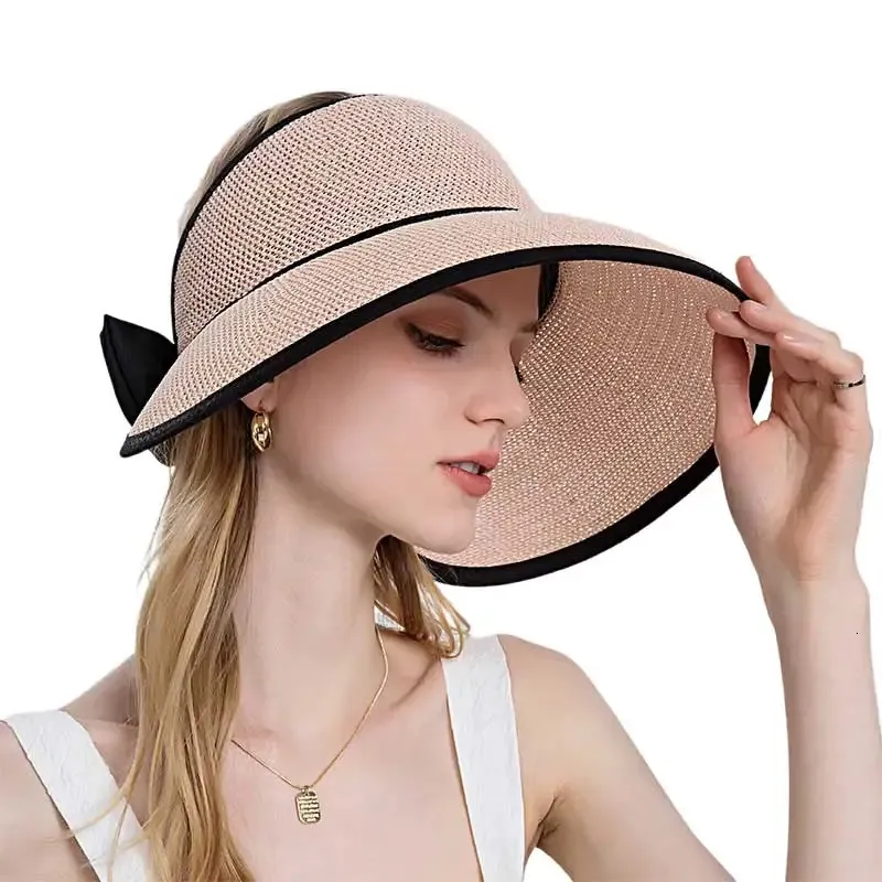 Womens Hat Summer Wide Brim Air Sun Hats UV Protection Top Empty Bow Hollow Straw Adjustable Ladies Foldable Beach Hat240409