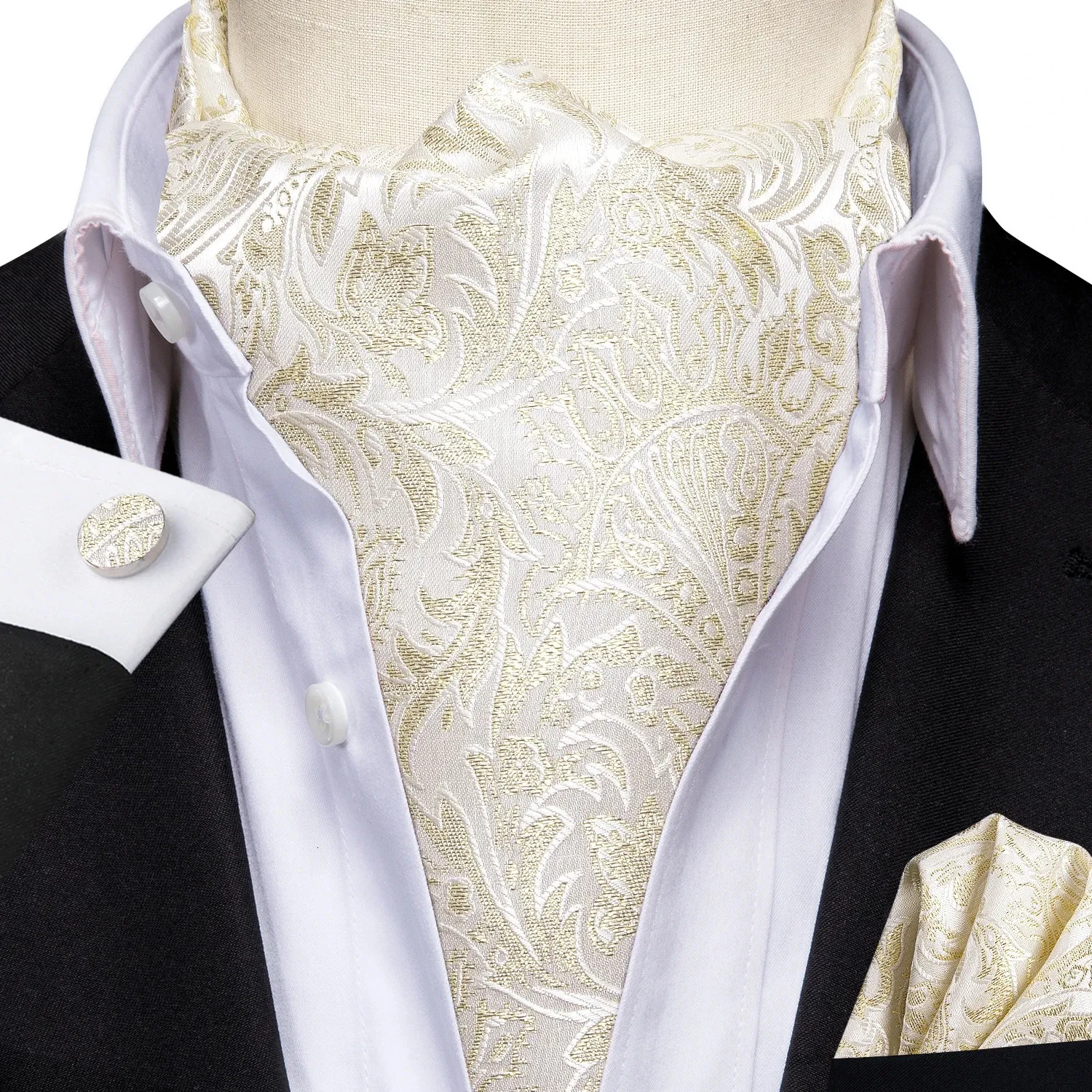 Hitie Seide Beige Kahaki Herren Ascot Binde Biege Hankerchief Manschettenknöpfe Set Jacquard Woven Cravat für männliche Bräutigam Hochzeitsgeschäft Events240409