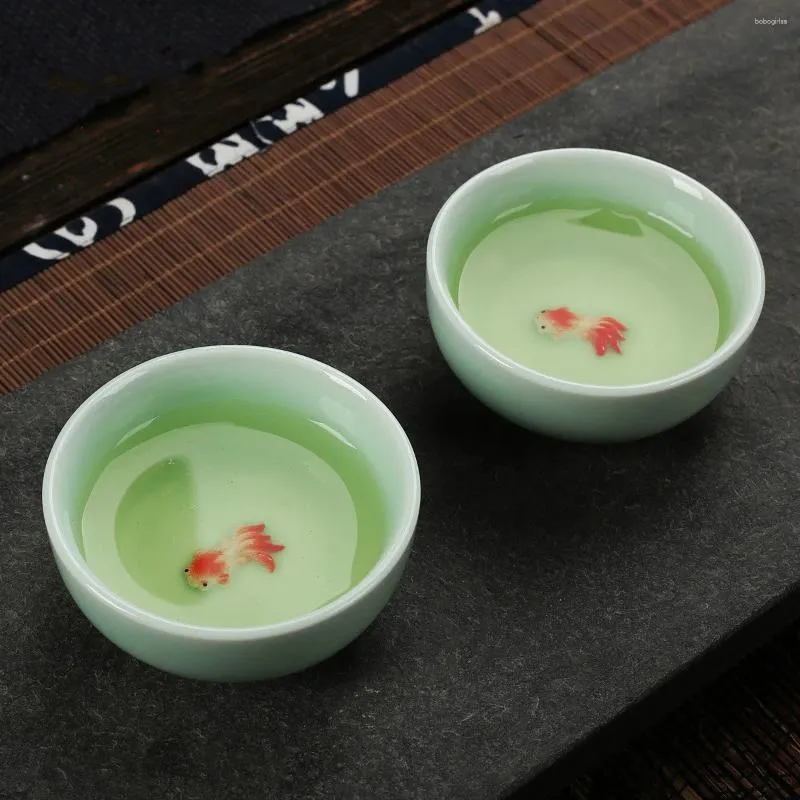 Cups Saucers Jingdezhen Celadon Kungfu Tea Cup Ceramic Hand Painted Anaglyph Color Carp