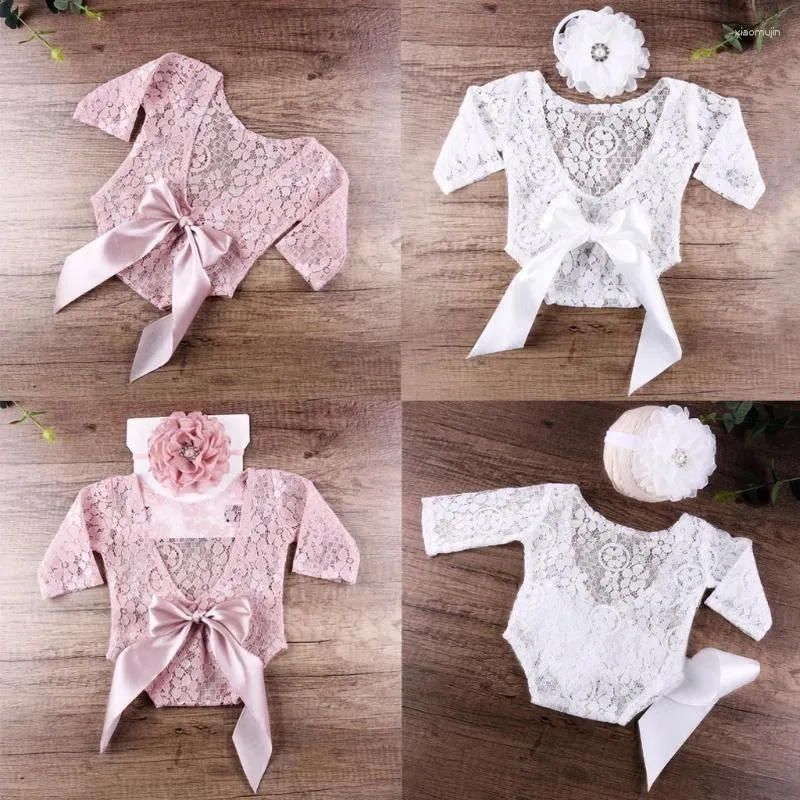 Kledingsets babyjongens meisjes kanten romper bloemenhoofdband set jumpsuit bodysuit florale haarband voor head wrap tulband hoofddeksels cos