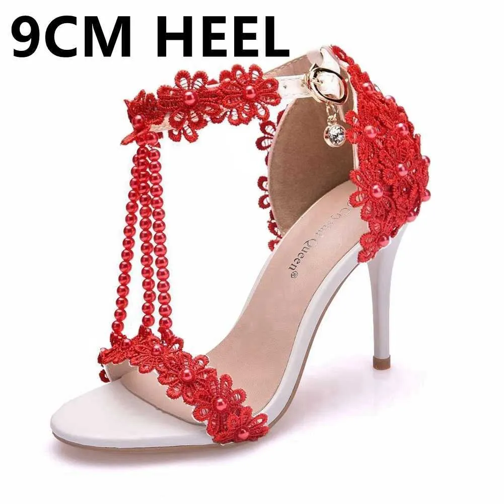 Dress Shoes Crystal Queen Women Sandals Sky Blue Lace Flowers Pearl Tassel Bridal 9cm Fine High Heels Slender Pumps Wedding H240409 FNIJ