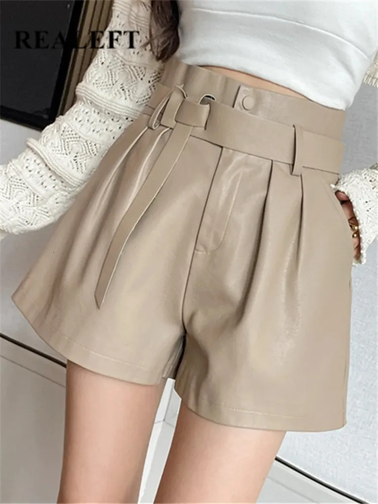 Realeft automne d'hiver pour femmes faux Pu Shorts en cuir avec taille haute ceinturée pantalon court élégant poche femelle 240409