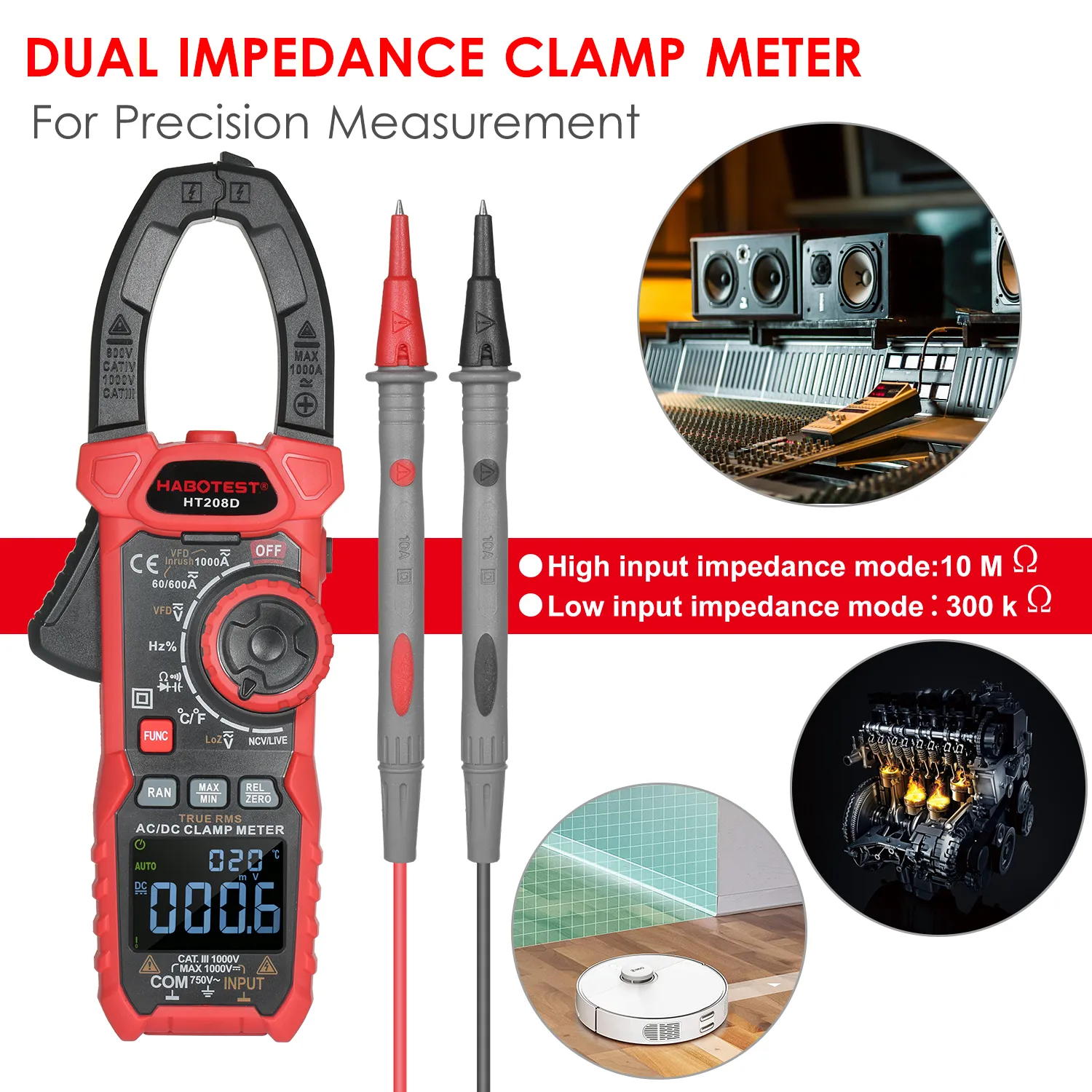 HABOTEST HT208D/HT208A AC/DC Digital Clamp Meter True-RMS Multimeter Anto-Ranging Tester Current Clamp med AMP Volt Ohm Diode