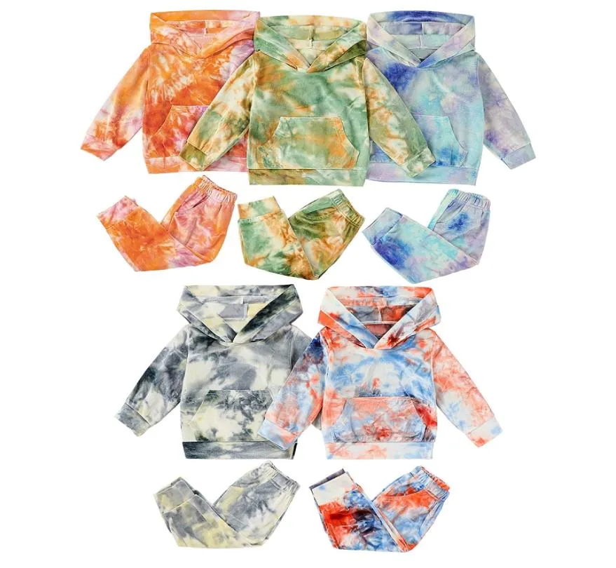 Autumn Kids Clothes Baby Velor Tie Dyed Set Dishing Set Girls tasche per maglione con cappuccio pantaloni top 2pcsset boutique outfit per bambini M29238680