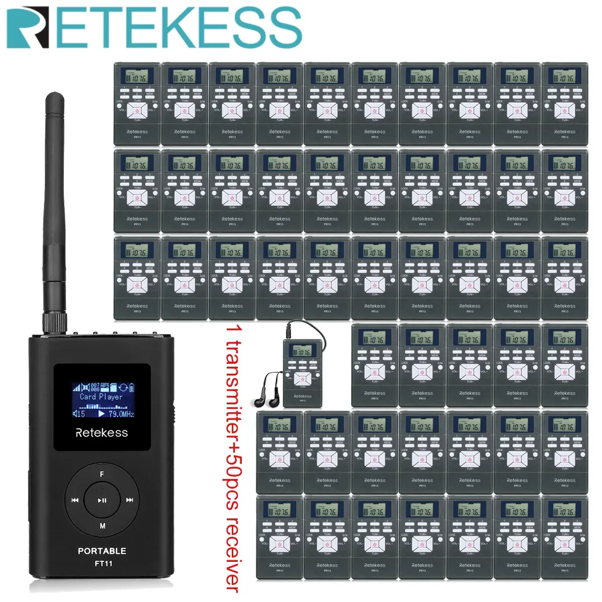 Radio Recekess FT11 FM Trasmettitore+50pcs FM Ricevitore radio PR13 Sistema di trasmissione vocale wireless per la guida alla formazione delle riunioni della chiesa