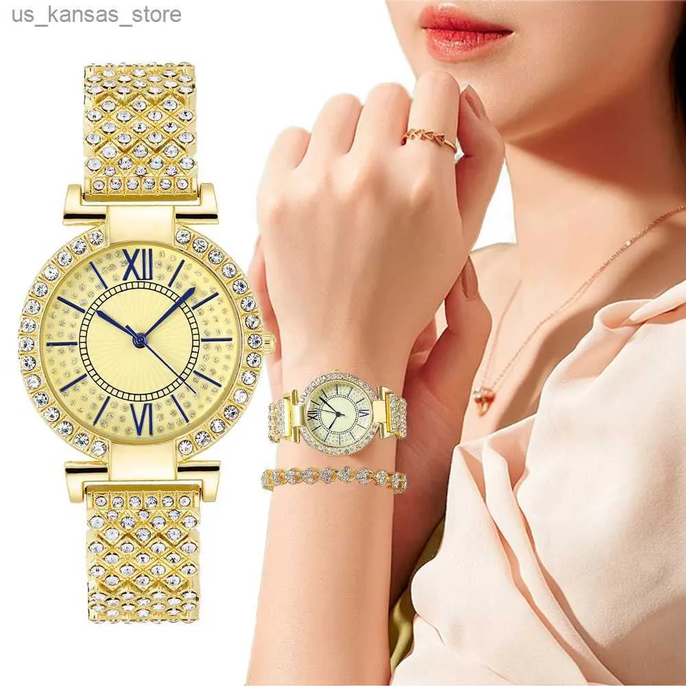 Wristwatches Gold Alloy Luxury Women Fashion es Diamond Encrusted Minimalist Design Ladies Quartz Wristes Drop Shipping Clock Gift240409