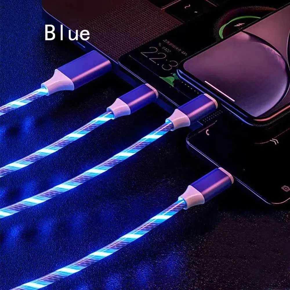 3 em 1 Multi USB Universal Flowing LED Up TOLETE CABELO DE TOLO, com interface para Apple+Tipo C+Micro USB Connector de carregador