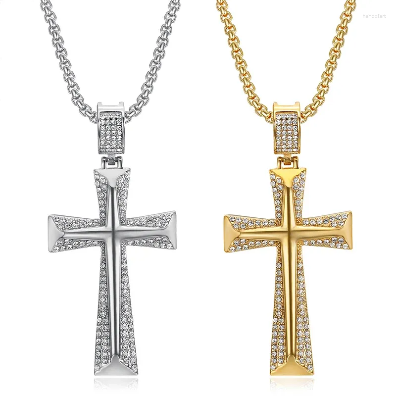 Pendant Necklaces Hip Hop Bling Iced Out Gold Color Stainless Steel Knights Templar Cross Pendants For Men Rapper Jewelry Drop