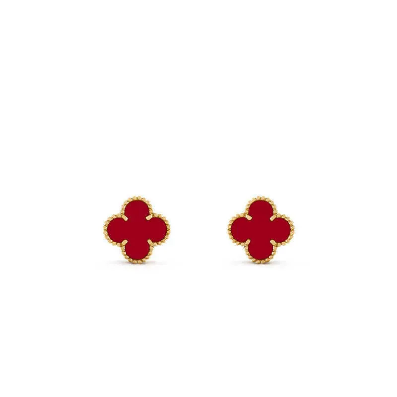 Novo designer de alta qualidade / Família Golden Clover com 18k Gold Rose Red AGate Fritillaria Brincos de dupla face com o logotipo Vancelf