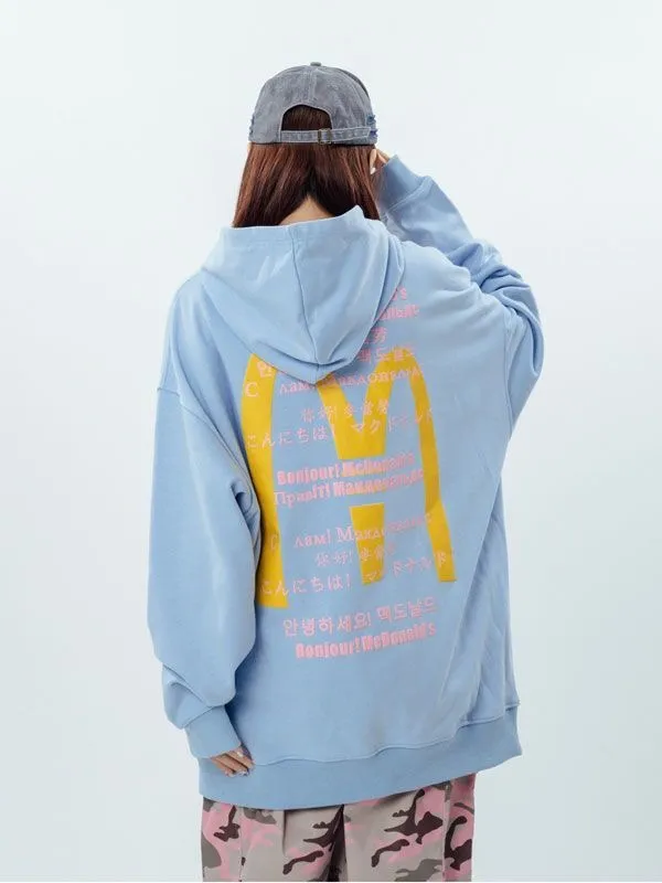 % 100 saf pamuklu Amerikan retro mektup baskısı kapüşonlu McDonald's Hoodie Kadınlar Sonbahar Çift Gevşek Top Hoodie Peluş S-4XL