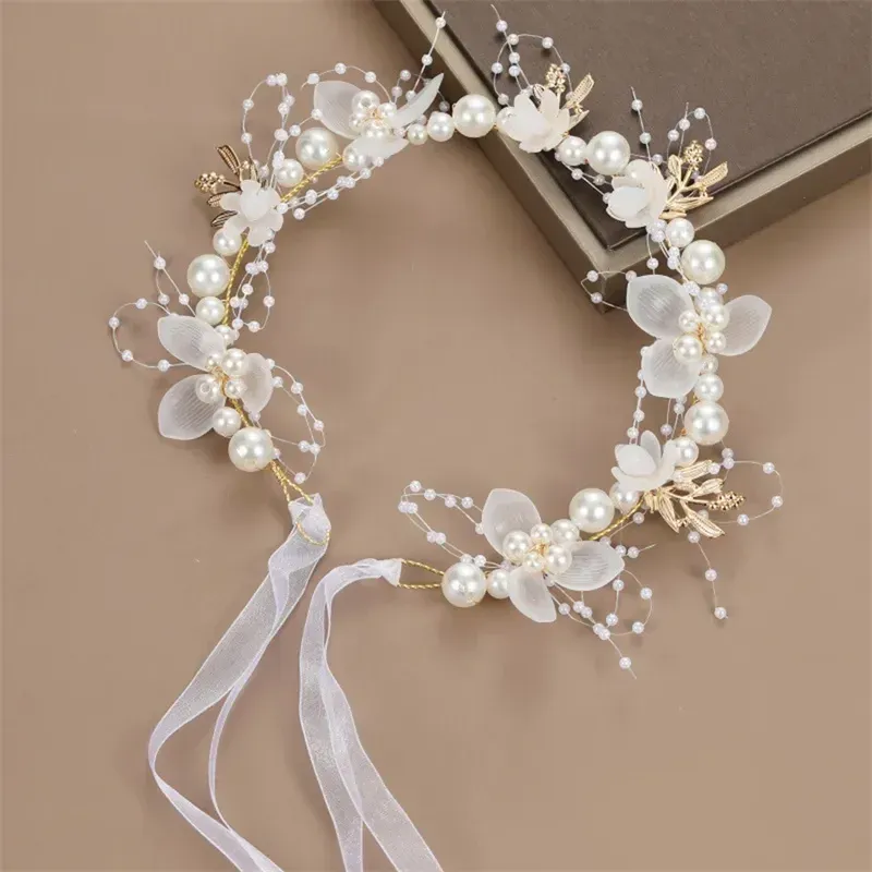 Spring Bohemian Girls Bridal Pearl Hair Headdress Flower Wreath Bride Garland Head Hoop Headbands Hair Jewelry wedding Gifts