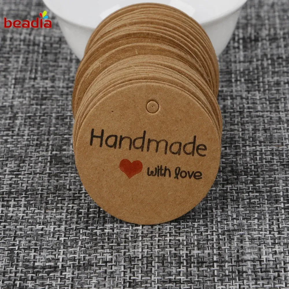 100pcs Cute Round Brown/White Paper Gift Label Tag Handmade Jewelry Charms Tag Round Wedding Favors/Cookies Decorative Tag