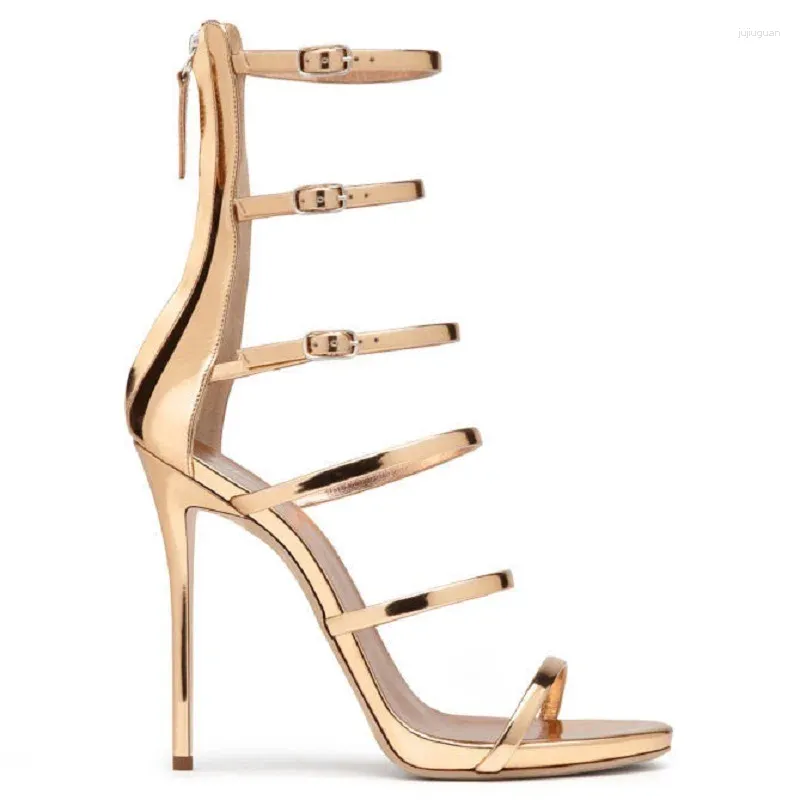 Sandals Summer Style Golden Buckle High-heeled Women's Catwalk Fashion Large Size Banquet Dress Thin Belt Custom