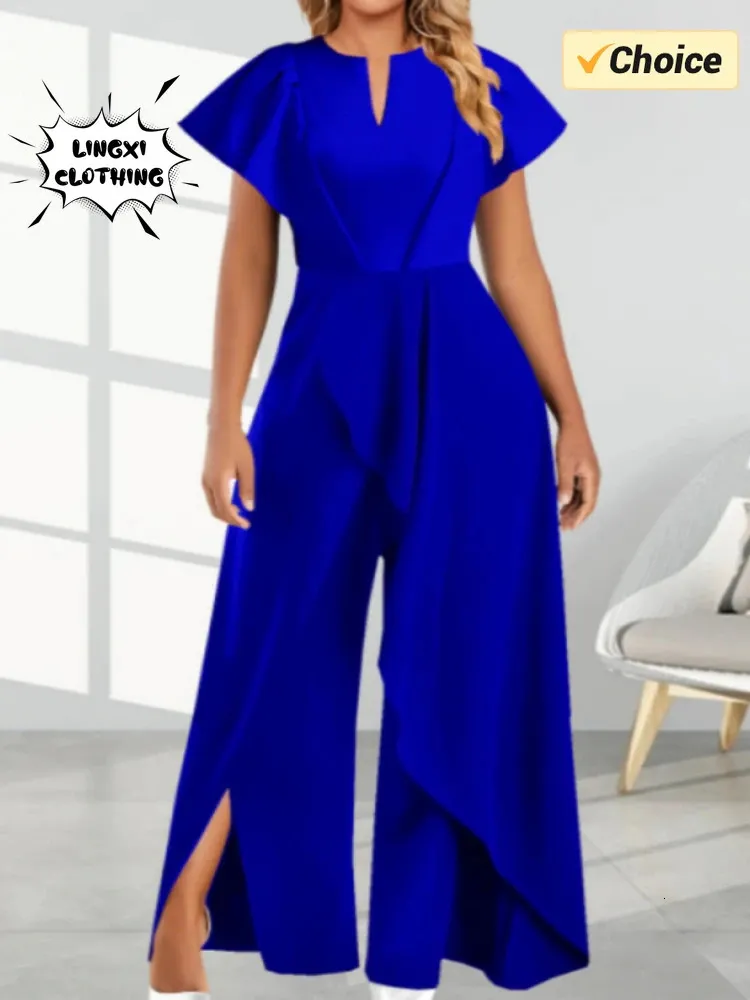 Summer Elegant Womens Vneck Irregular Jumpsuit Solid Color Short Sleeved Long Style Banquet 240409