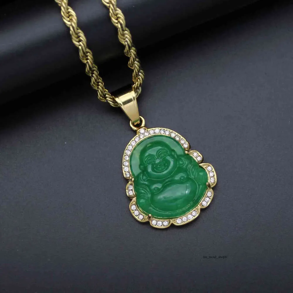 Green Jade Jewelry Laughing Buddha Pendant Chain Necklace For Women Stainless Steel 18k Gold Plated Amulet Accessories Mothers Day Gift