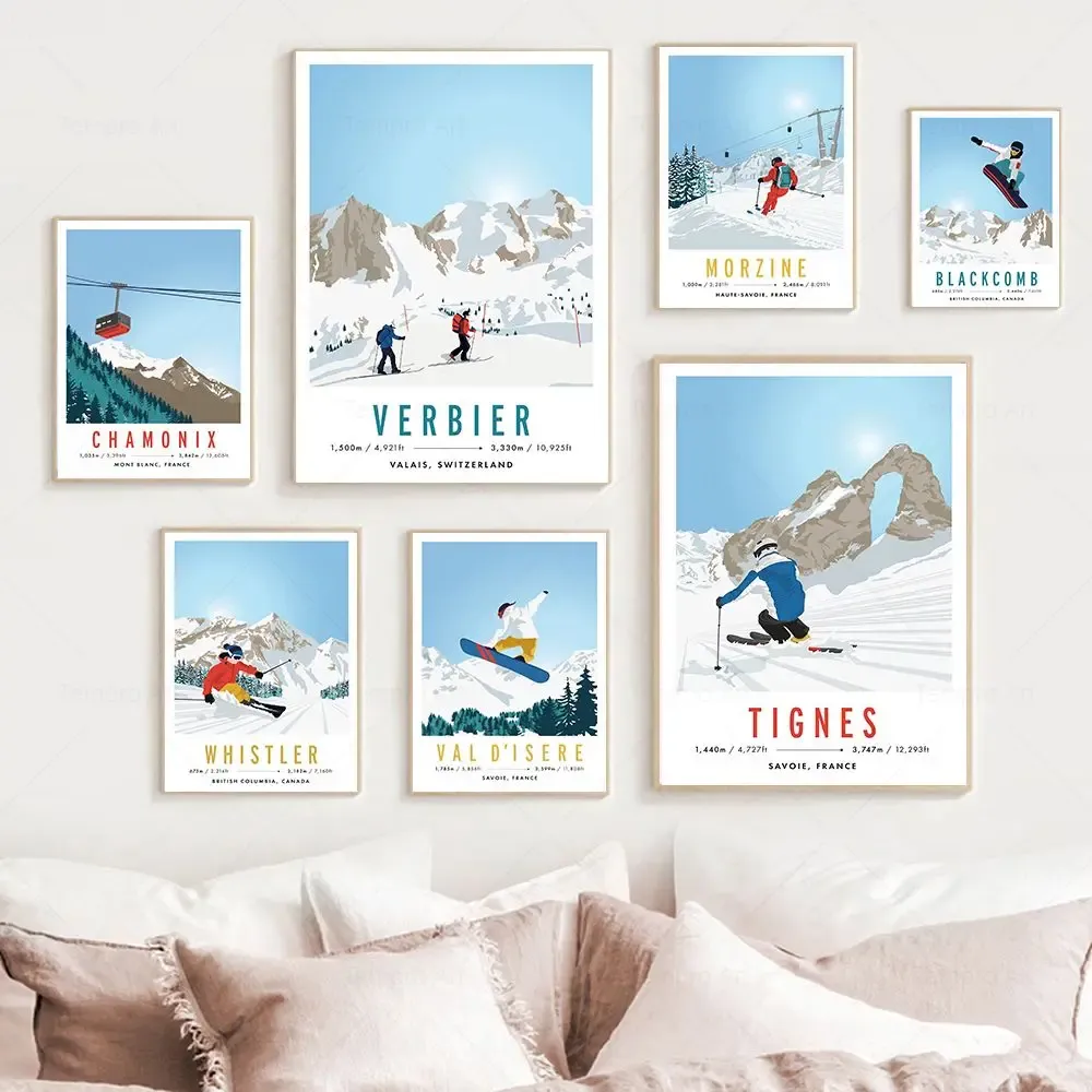 Tignes Verbier Morzine ChamonixWhistler Snowboard Ski France Canada Nordic Wall Artポスターキャンバスプリントリビングルームの家の装飾