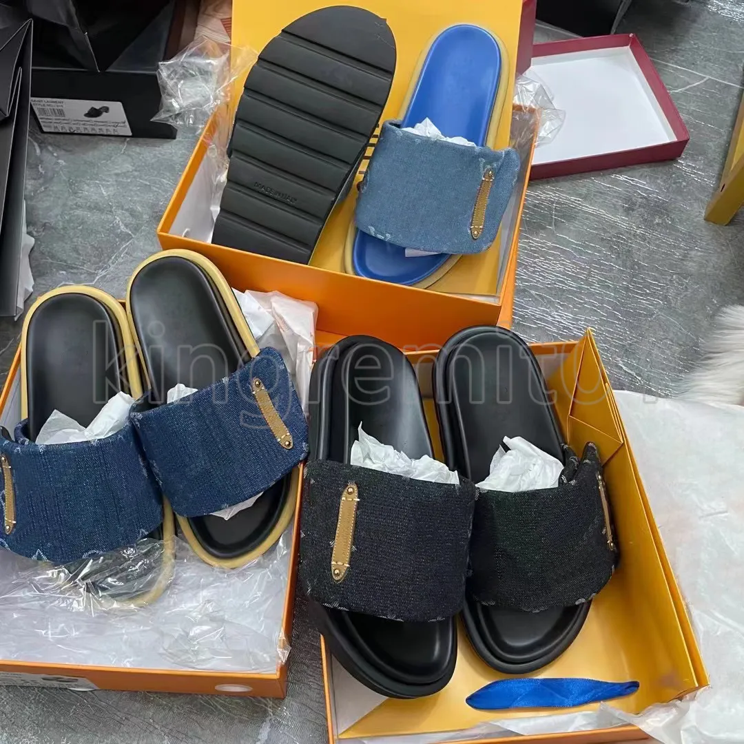 Velcro terlik havuzu yastık konforu tasarımcı terlik denim sandalet genişliği slaytlar kadın sandal kauçuk ayakkabılar moda kolay giyim tarzı slayt