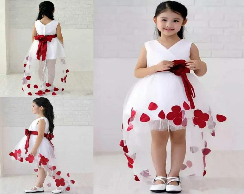 Little Girls Red Flower Applique Pageant Dress High Low Tulle A Line