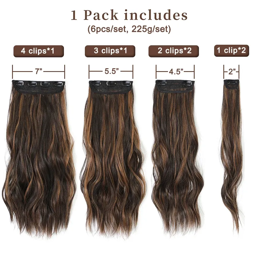 6pcs/conjunto Extensões de cabelo de clipe de ondas naturais para mulheres 20 polegadas de calcinha longa ondulada