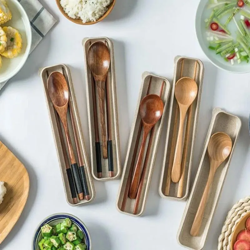 Dijkartikelen Sets Handige Student Wooden Herbruikbaar tafelvlees Travel Portable Lepel Setly Set Chopsticks