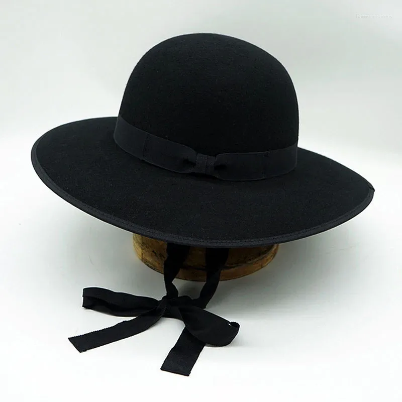 Berets Ladies Wide Brim Round Fedora Hat Lace Up Bowler Black Wool Long Ribbon Band Bow Stage Performance