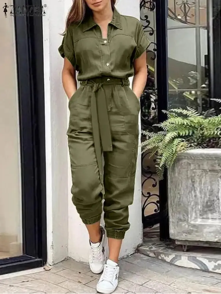 ZANZEA Women Overall Summer Fashion Cargo Jumpsuits Lapel