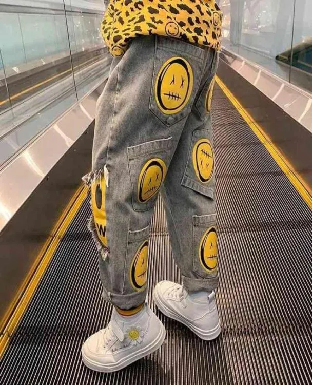 Baby Boys Jean Pants Kids Denim Trousers Children Casual Jean Yellow Face Printed Cotton Trousers 90 To 160 G12204858595