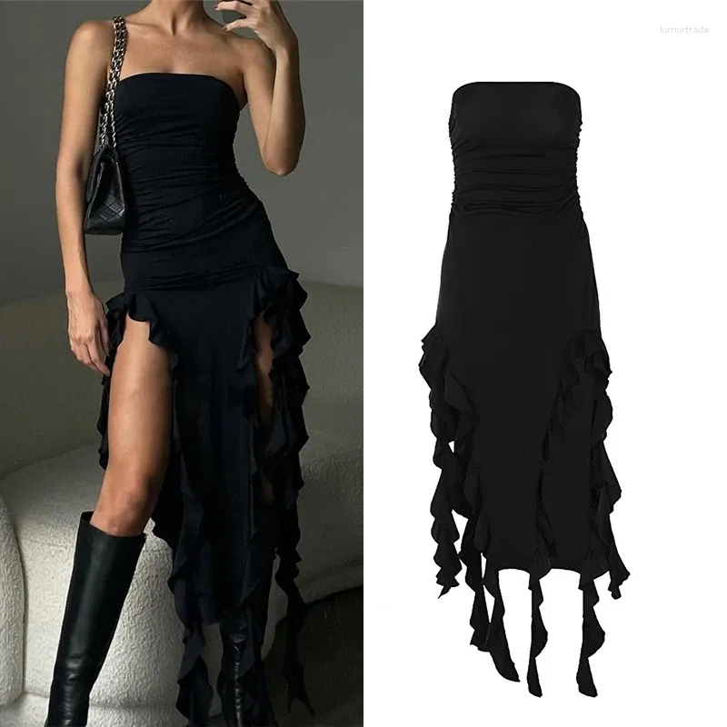 Casual Dresses 2024 Summer Tube Sexy Long For Women Winter Fashion Black Pink Top Slit Dress Fishtail Skirt Womens