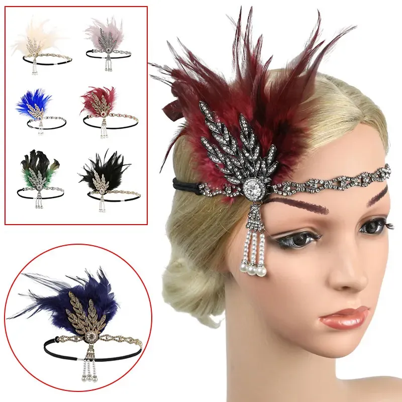 1920s Headband Vintage Bridal Gatsby 20s Flapper Feather Headpiece Silver Gold E - Foto 5
