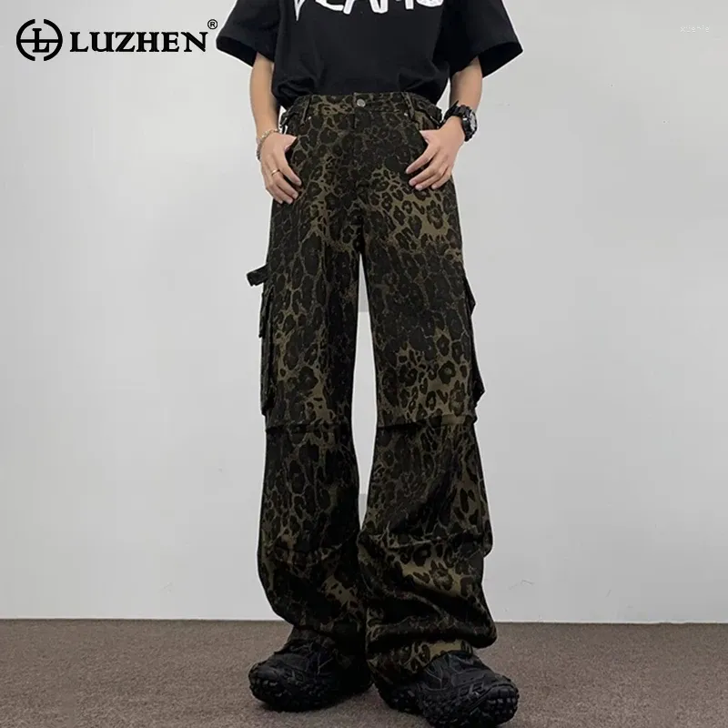 Мужские штаны Luzhen Leopard Print Pictry Pockets Pockets Splicing Design Personaly Mustry Original Men Прямые брюки ноги LZ2587