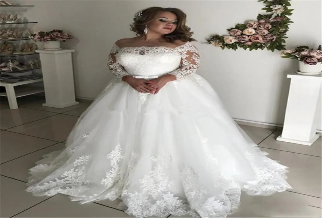 Плюс размер длинные рукава Aline свадебные платья кружевные аппликации повязки на заказ свадебные платья принцесса руба