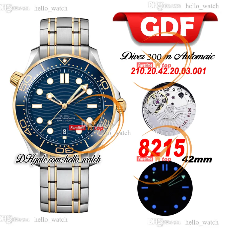 GDF Diver 300M 42M 210.20.42.20.03.001 Miyota 8215 Автоматические мужские мужские часы часы синяя текстура циферблата керамика Bezel Двухцветный 18 -километровый браслет.